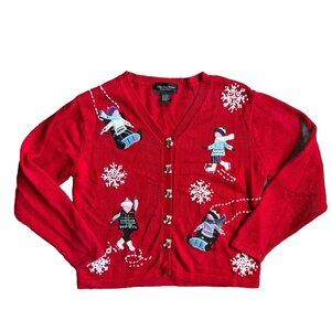 Vintage 90s Christmas‎ Sweater Cardigan Womens Red Embroidery Snowflakes L Boxy